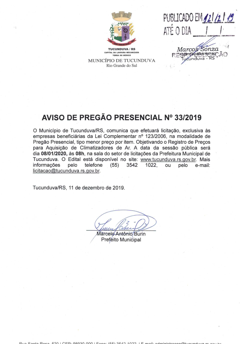 AVISO DE PP 33_2019 SRP EXC AQUISIÇÃO DE CLIMATIZADORES DE AR